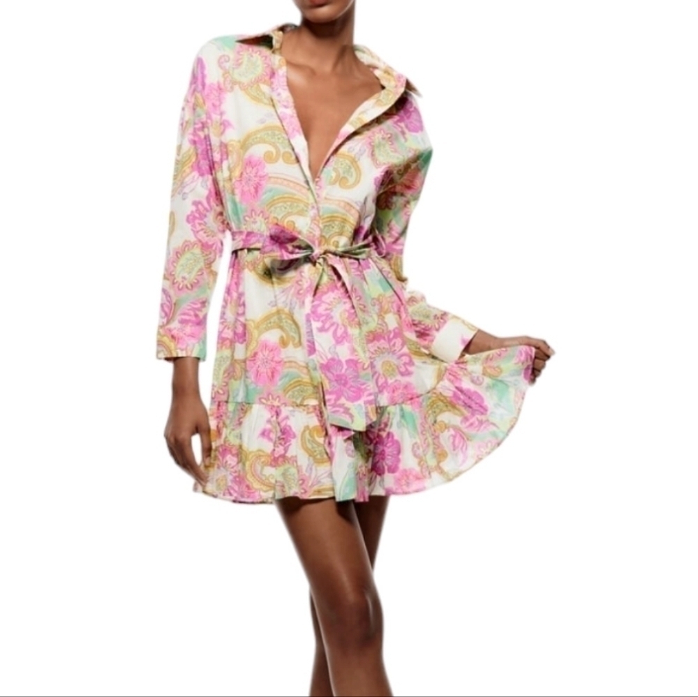 ZARA Women's Multicolored Paisley Print LongSleeve Dress Sz Small